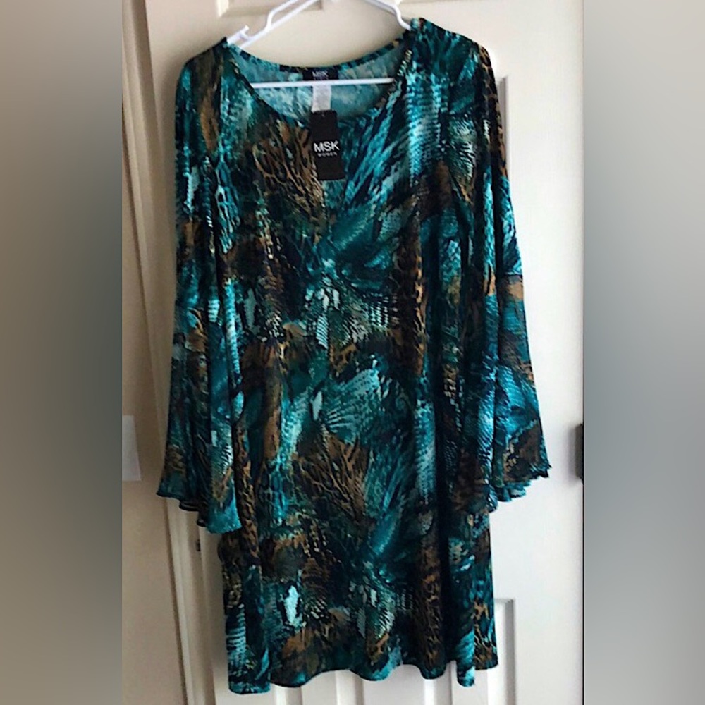 MSK Teal Green multicolor Animal print Bell sleeve lose fit Dress